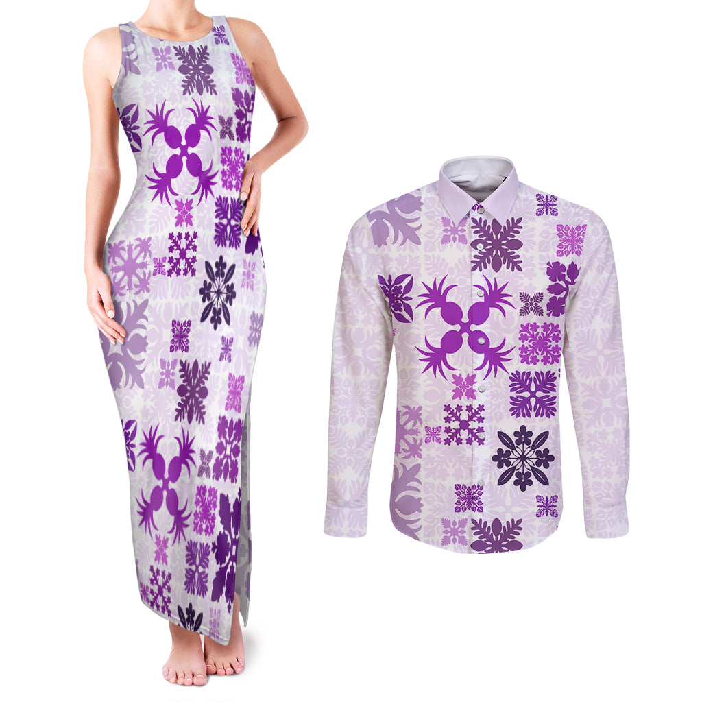 Vintage Hawaii Couples Matching Tank Maxi Dress and Long Sleeve Button Shirts Hawaiian Quilt Kapa Mismatch Purple LT7 - Wonder Print Shop