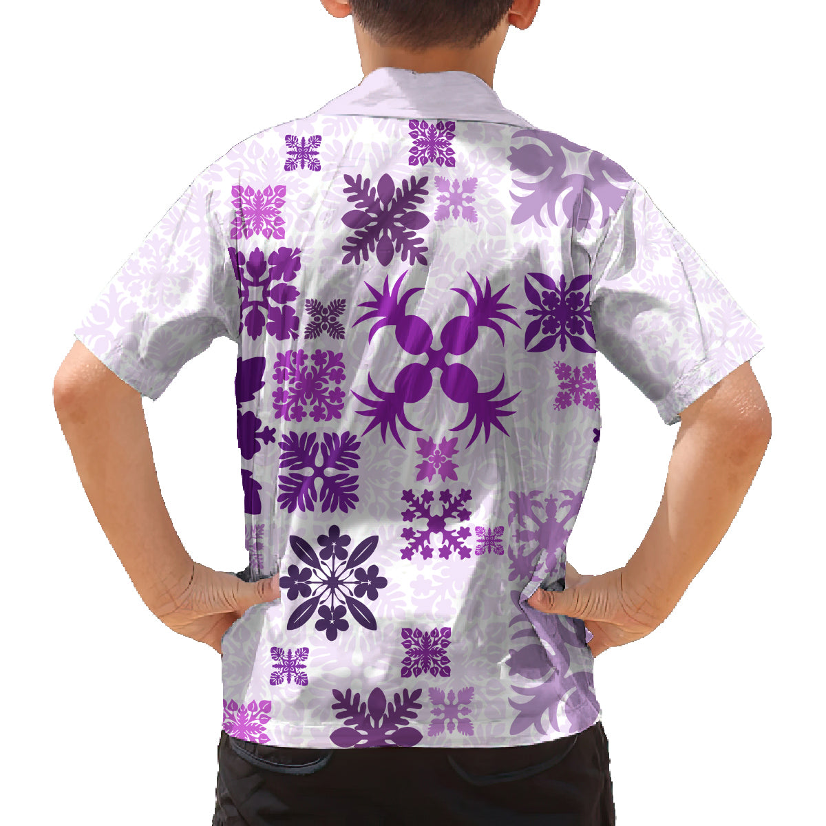 Vintage Hawaii Family Matching Long Sleeve Bodycon Dress and Hawaiian Shirt Hawaiian Quilt Kapa Mismatch Purple LT7 - Wonder Print Shop