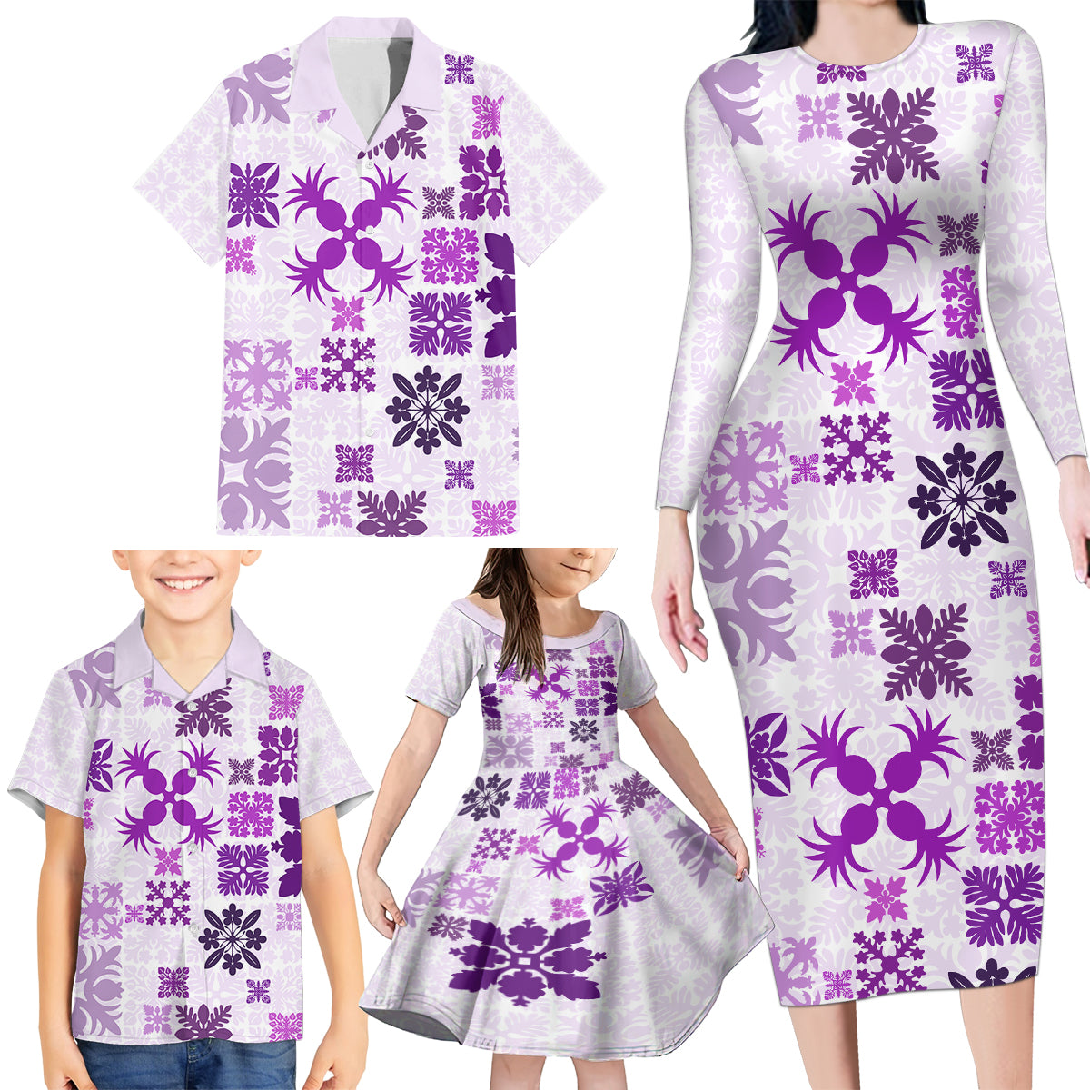 Vintage Hawaii Family Matching Long Sleeve Bodycon Dress and Hawaiian Shirt Hawaiian Quilt Kapa Mismatch Purple LT7 - Wonder Print Shop