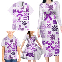 Vintage Hawaii Family Matching Long Sleeve Bodycon Dress and Hawaiian Shirt Hawaiian Quilt Kapa Mismatch Purple LT7 - Wonder Print Shop