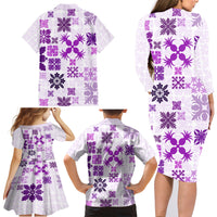 Vintage Hawaii Family Matching Long Sleeve Bodycon Dress and Hawaiian Shirt Hawaiian Quilt Kapa Mismatch Purple LT7 - Wonder Print Shop
