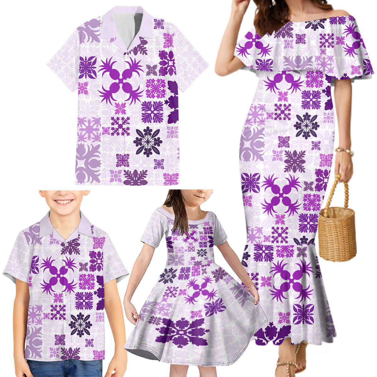 Vintage Hawaii Family Matching Mermaid Dress and Hawaiian Shirt Hawaiian Quilt Kapa Mismatch Purple LT7 - Wonder Print Shop