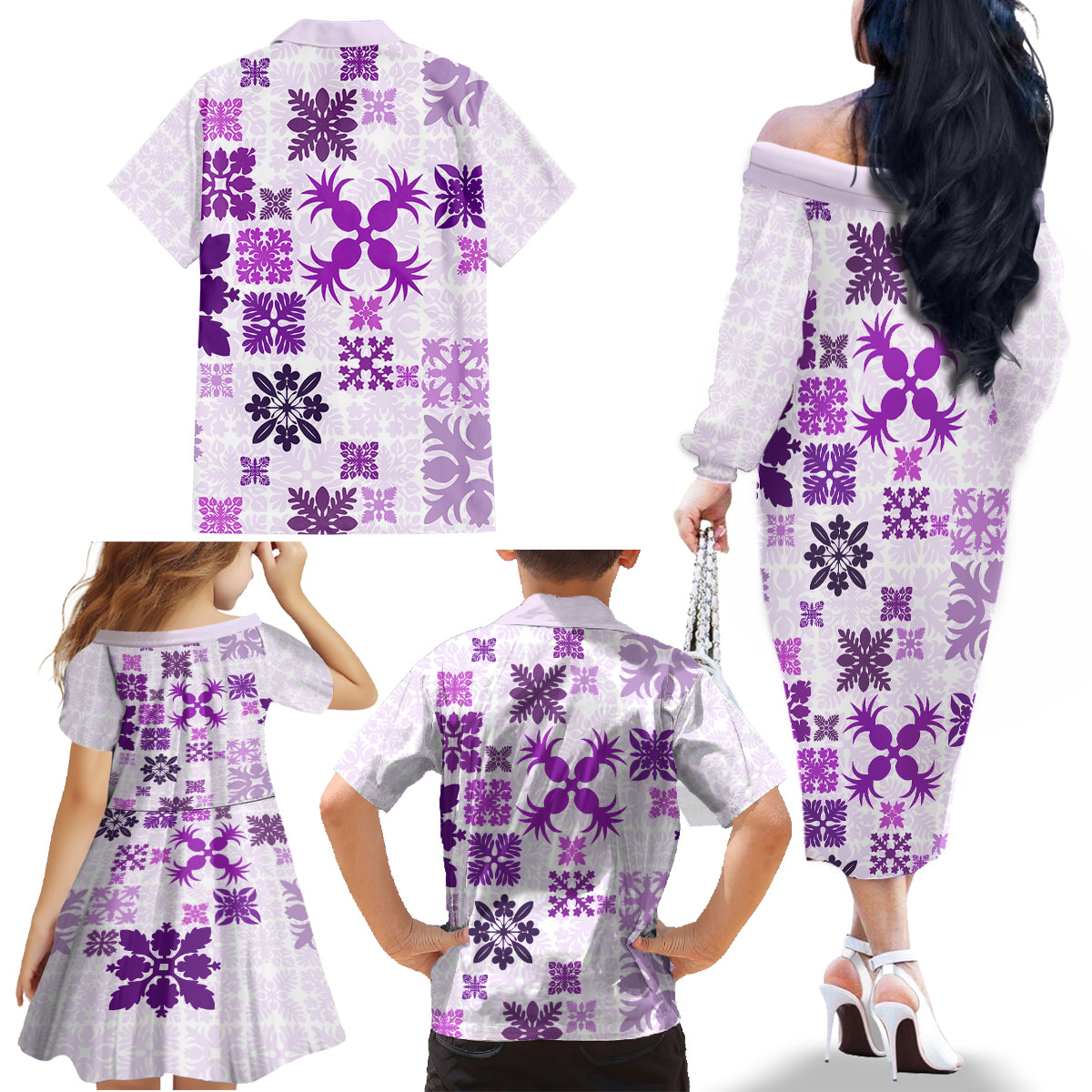 Vintage Hawaii Family Matching Off Shoulder Long Sleeve Dress and Hawaiian Shirt Hawaiian Quilt Kapa Mismatch Purple - Wonder Print Shop