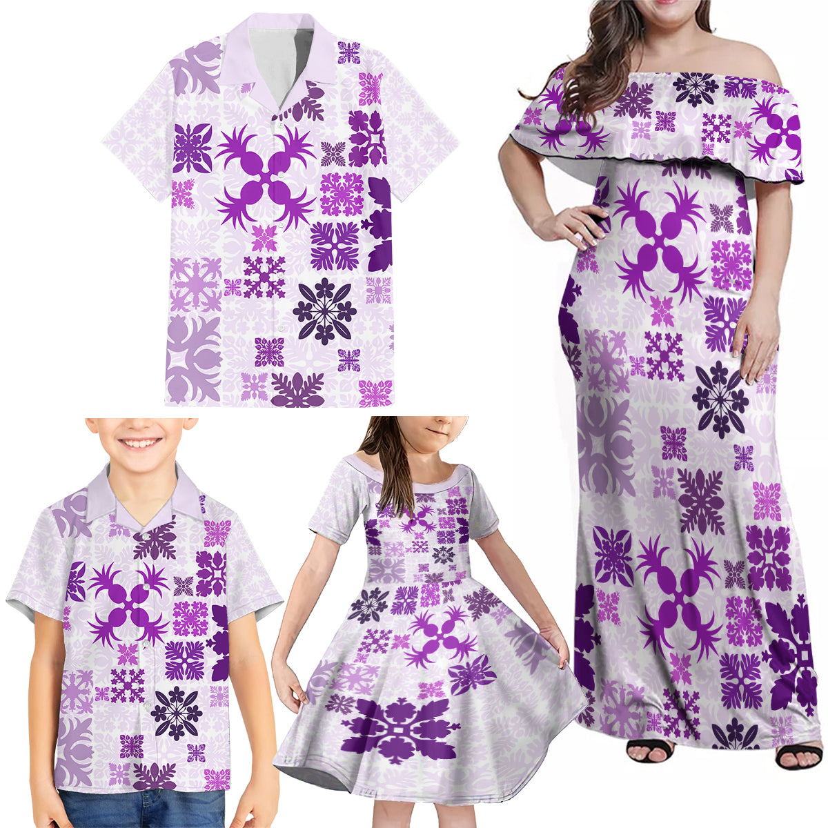 Vintage Hawaii Family Matching Off Shoulder Maxi Dress and Hawaiian Shirt Hawaiian Quilt Kapa Mismatch Purple LT7 - Wonder Print Shop