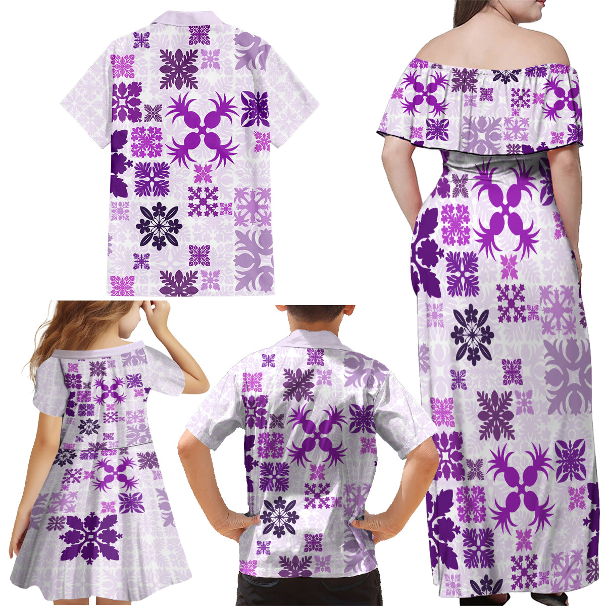 Vintage Hawaii Family Matching Off Shoulder Maxi Dress and Hawaiian Shirt Hawaiian Quilt Kapa Mismatch Purple LT7 - Wonder Print Shop