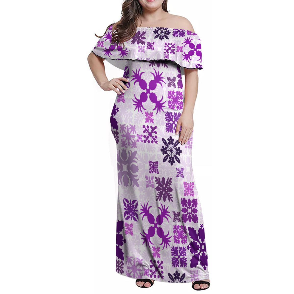 Vintage Hawaii Family Matching Off Shoulder Maxi Dress and Hawaiian Shirt Hawaiian Quilt Kapa Mismatch Purple LT7 - Wonder Print Shop