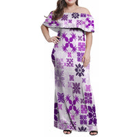 Vintage Hawaii Family Matching Off Shoulder Maxi Dress and Hawaiian Shirt Hawaiian Quilt Kapa Mismatch Purple LT7 - Wonder Print Shop