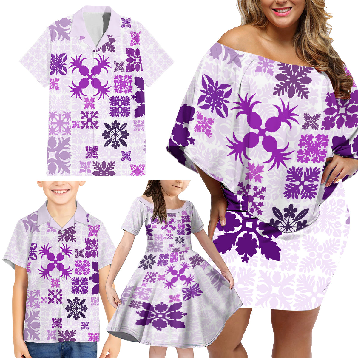 Vintage Hawaii Family Matching Off Shoulder Short Dress and Hawaiian Shirt Hawaiian Quilt Kapa Mismatch Purple LT7 - Wonder Print Shop