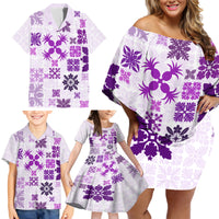 Vintage Hawaii Family Matching Off Shoulder Short Dress and Hawaiian Shirt Hawaiian Quilt Kapa Mismatch Purple LT7 - Wonder Print Shop