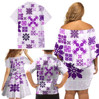 Vintage Hawaii Family Matching Off Shoulder Short Dress and Hawaiian Shirt Hawaiian Quilt Kapa Mismatch Purple LT7 - Wonder Print Shop