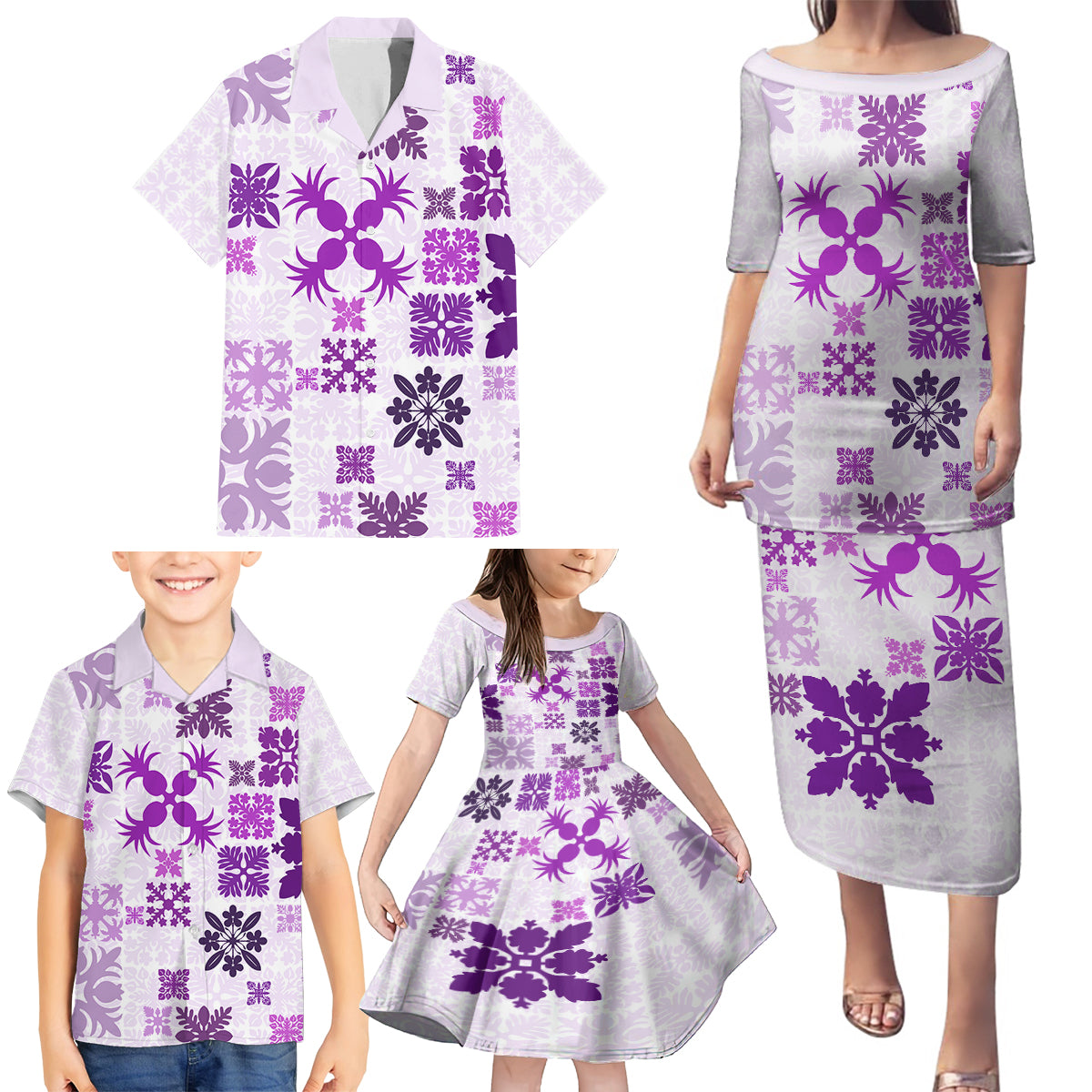 Vintage Hawaii Family Matching Puletasi Dress and Hawaiian Shirt Hawaiian Quilt Kapa Mismatch Purple - Wonder Print Shop