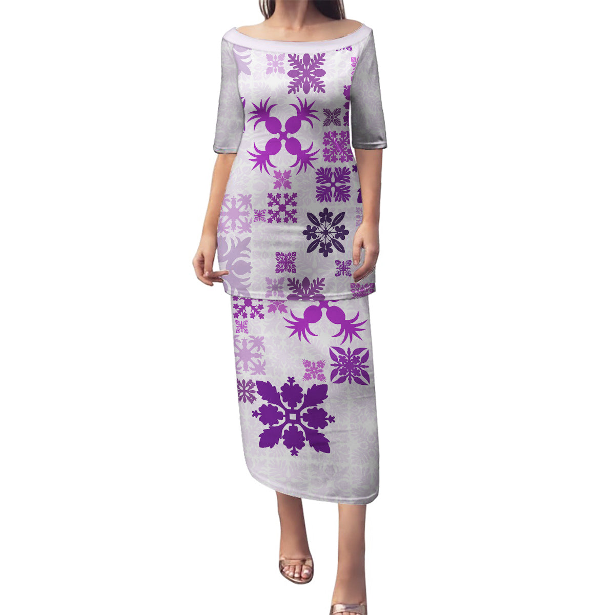 Vintage Hawaii Family Matching Puletasi Dress and Hawaiian Shirt Hawaiian Quilt Kapa Mismatch Purple - Wonder Print Shop