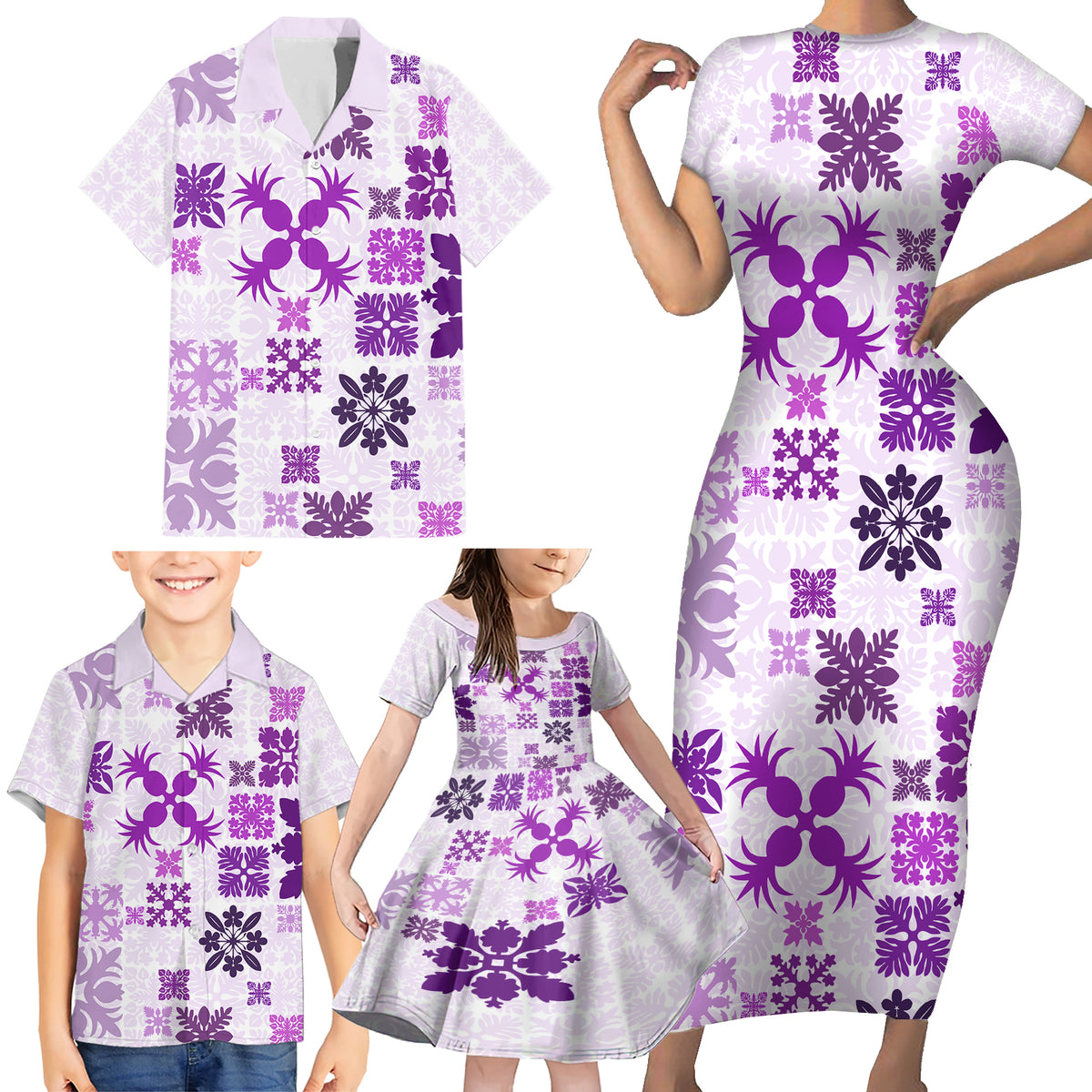 Vintage Hawaii Family Matching Short Sleeve Bodycon Dress and Hawaiian Shirt Hawaiian Quilt Kapa Mismatch Purple - Wonder Print Shop