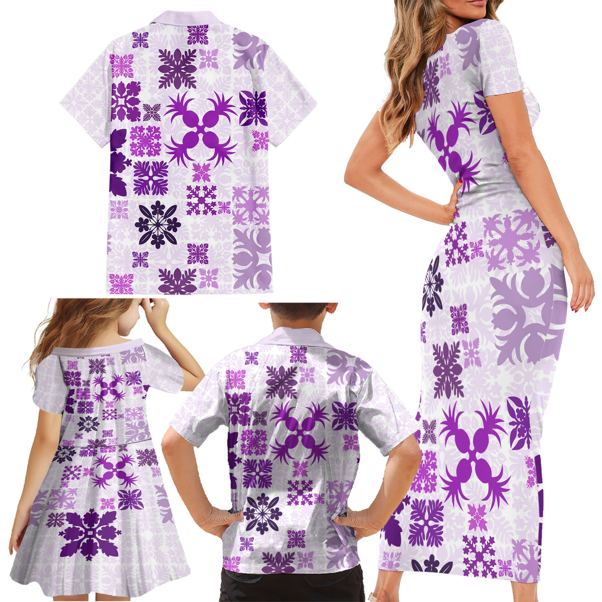 Vintage Hawaii Family Matching Short Sleeve Bodycon Dress and Hawaiian Shirt Hawaiian Quilt Kapa Mismatch Purple - Wonder Print Shop