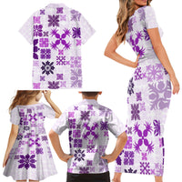 Vintage Hawaii Family Matching Short Sleeve Bodycon Dress and Hawaiian Shirt Hawaiian Quilt Kapa Mismatch Purple - Wonder Print Shop