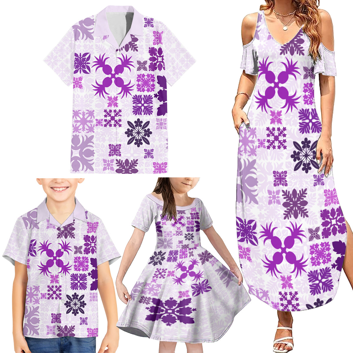 Vintage Hawaii Family Matching Summer Maxi Dress and Hawaiian Shirt Hawaiian Quilt Kapa Mismatch Purple - Wonder Print Shop