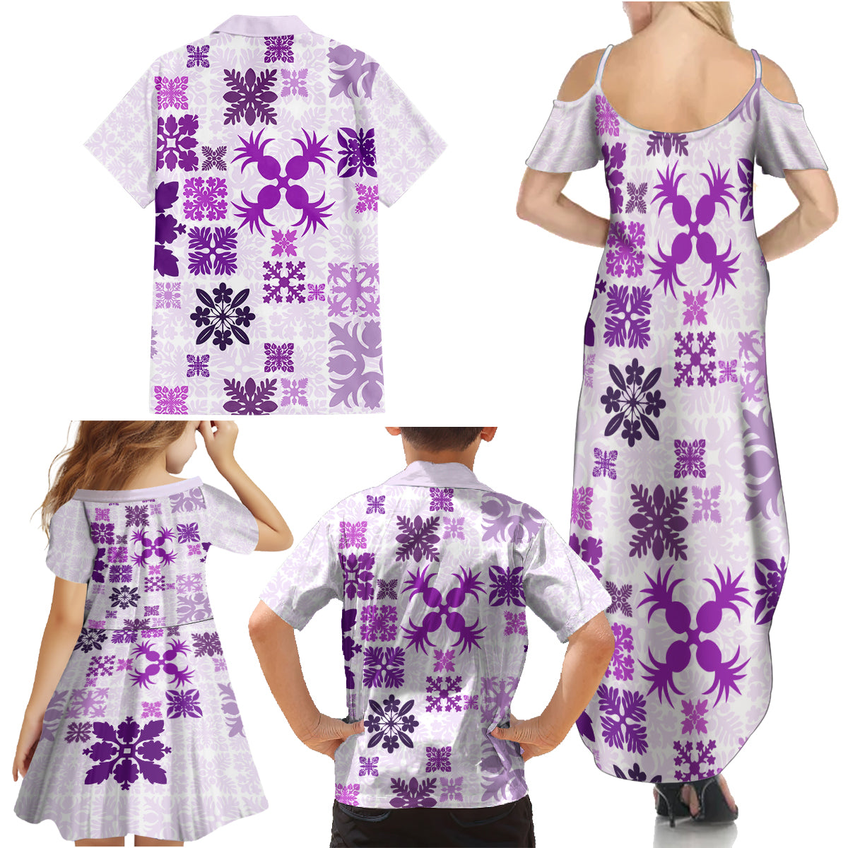 Vintage Hawaii Family Matching Summer Maxi Dress and Hawaiian Shirt Hawaiian Quilt Kapa Mismatch Purple - Wonder Print Shop