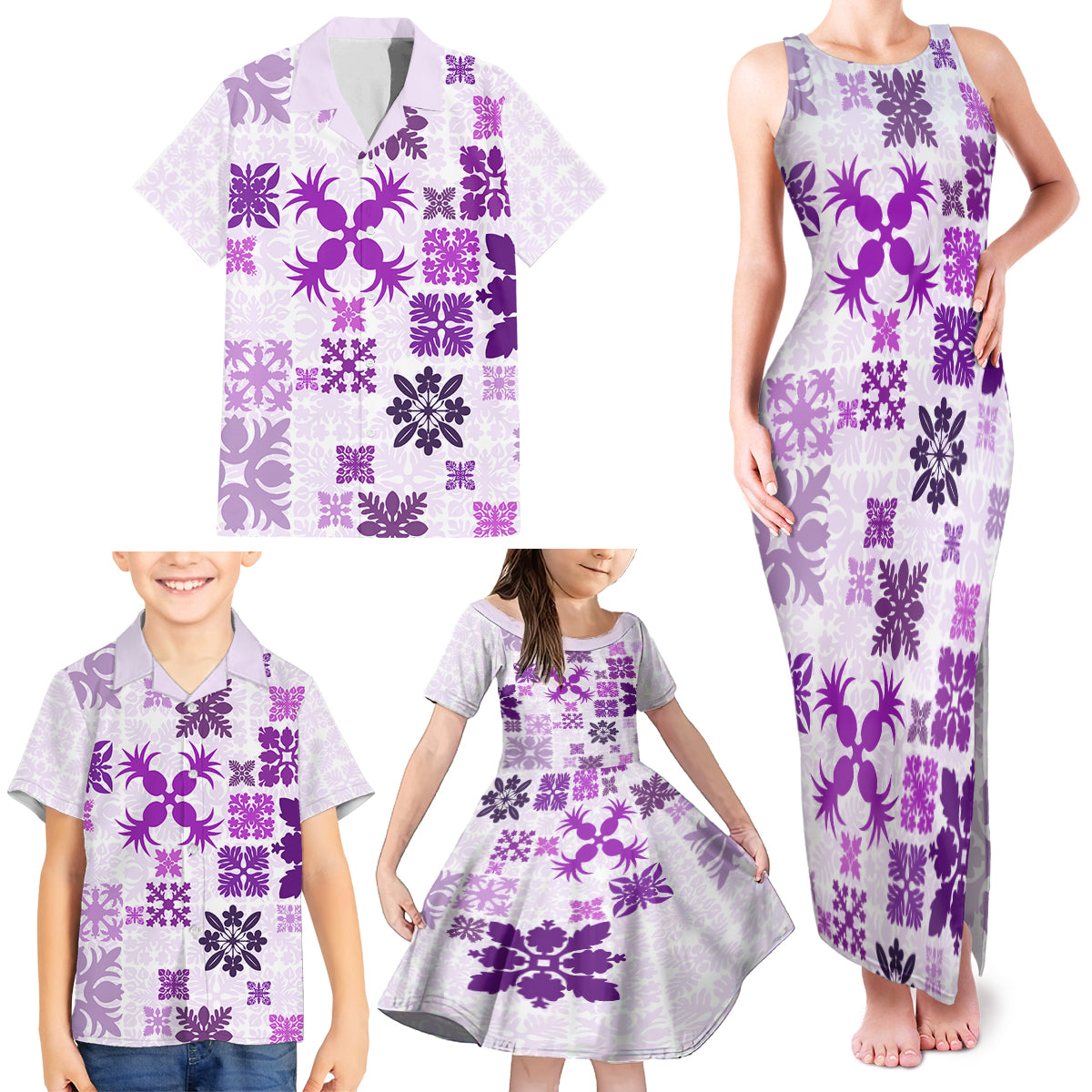 Vintage Hawaii Family Matching Tank Maxi Dress and Hawaiian Shirt Hawaiian Quilt Kapa Mismatch Purple - Wonder Print Shop