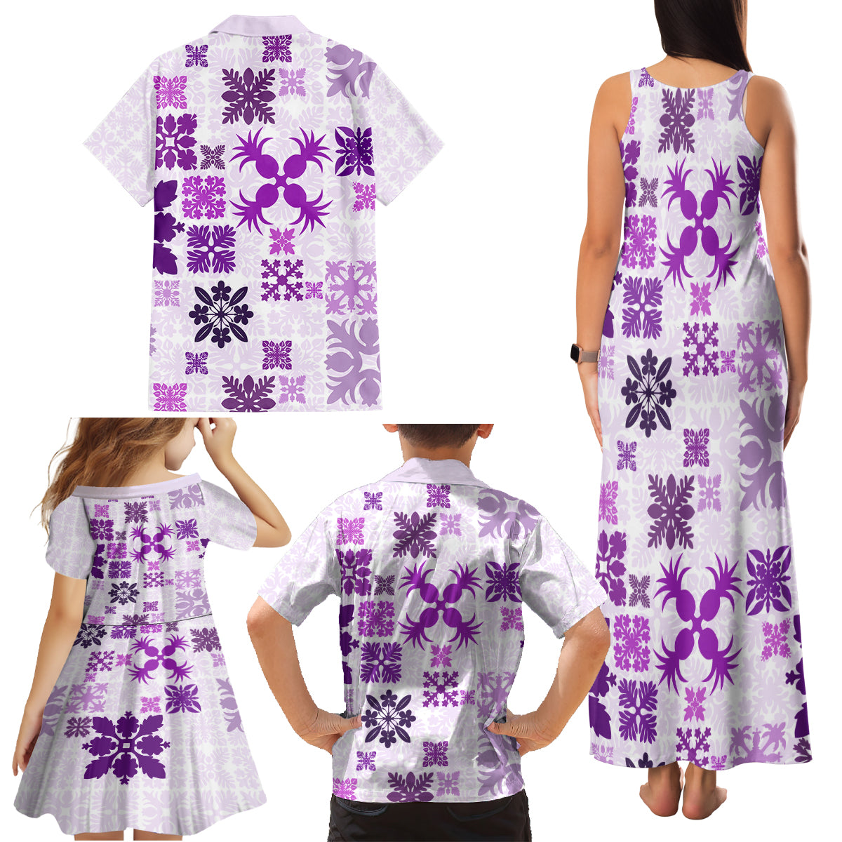 Vintage Hawaii Family Matching Tank Maxi Dress and Hawaiian Shirt Hawaiian Quilt Kapa Mismatch Purple - Wonder Print Shop