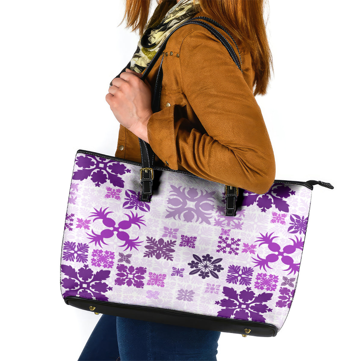 Vintage Hawaii Leather Tote Bag Hawaiian Quilt Kapa Mismatch Purple - Wonder Print Shop