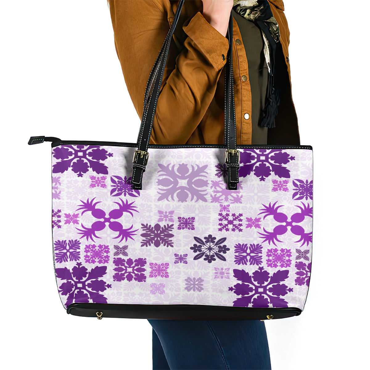 Vintage Hawaii Leather Tote Bag Hawaiian Quilt Kapa Mismatch Purple - Wonder Print Shop