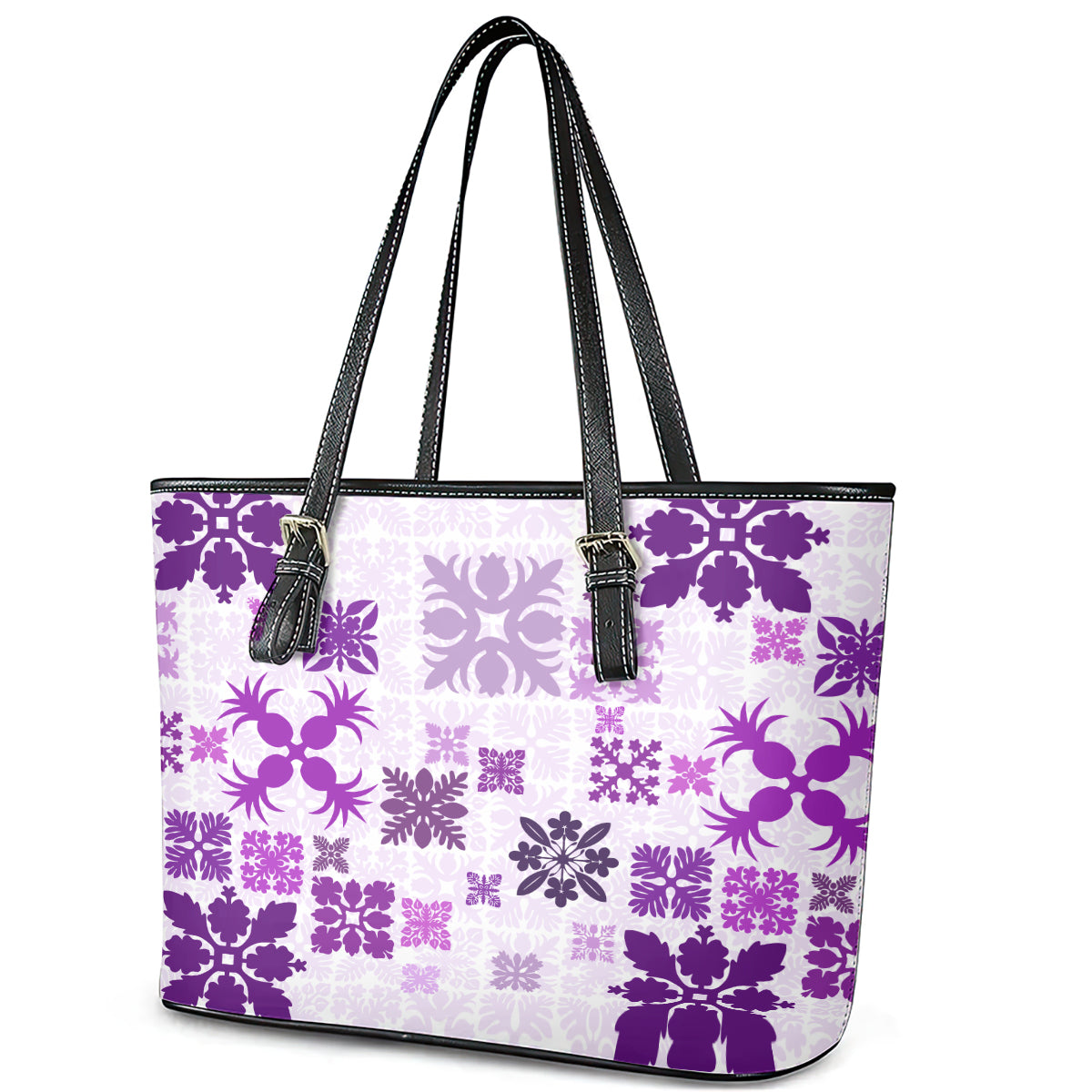Vintage Hawaii Leather Tote Bag Hawaiian Quilt Kapa Mismatch Purple - Wonder Print Shop