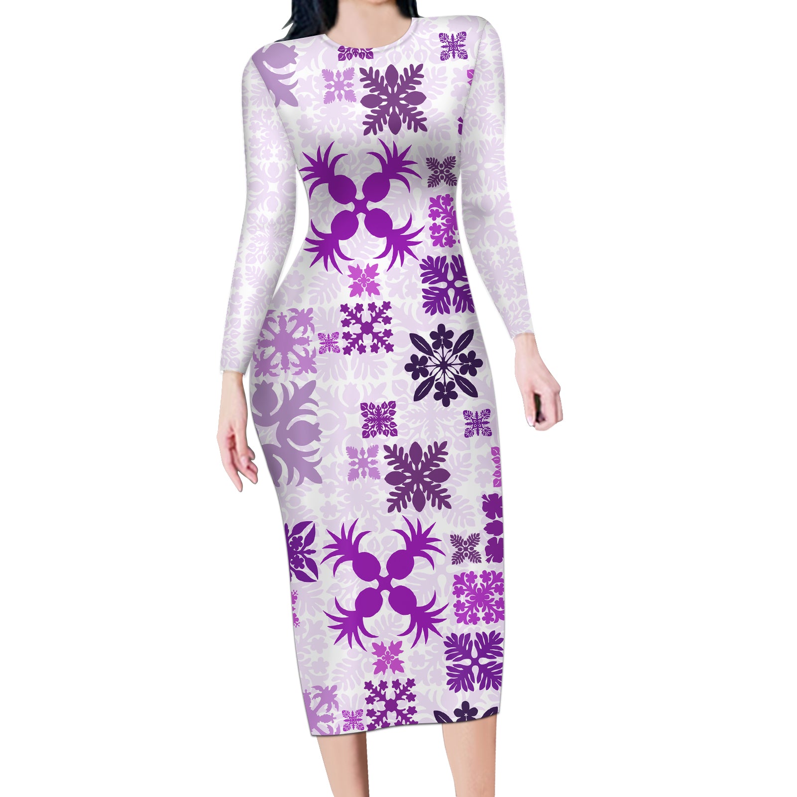 Vintage Hawaii Long Sleeve Bodycon Dress Hawaiian Quilt Kapa Mismatch Purple - Wonder Print Shop