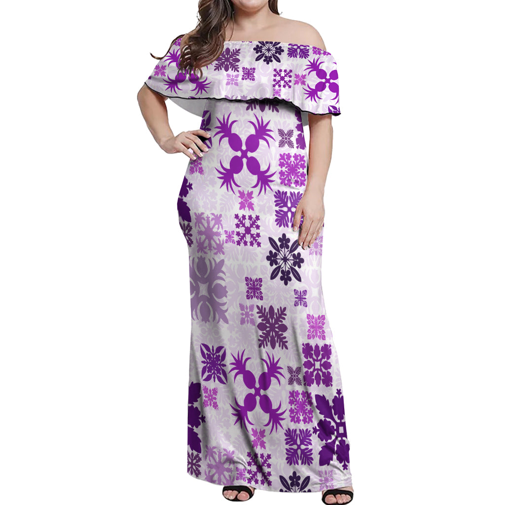 Vintage Hawaii Off Shoulder Maxi Dress Hawaiian Quilt Kapa Mismatch Purple - Wonder Print Shop