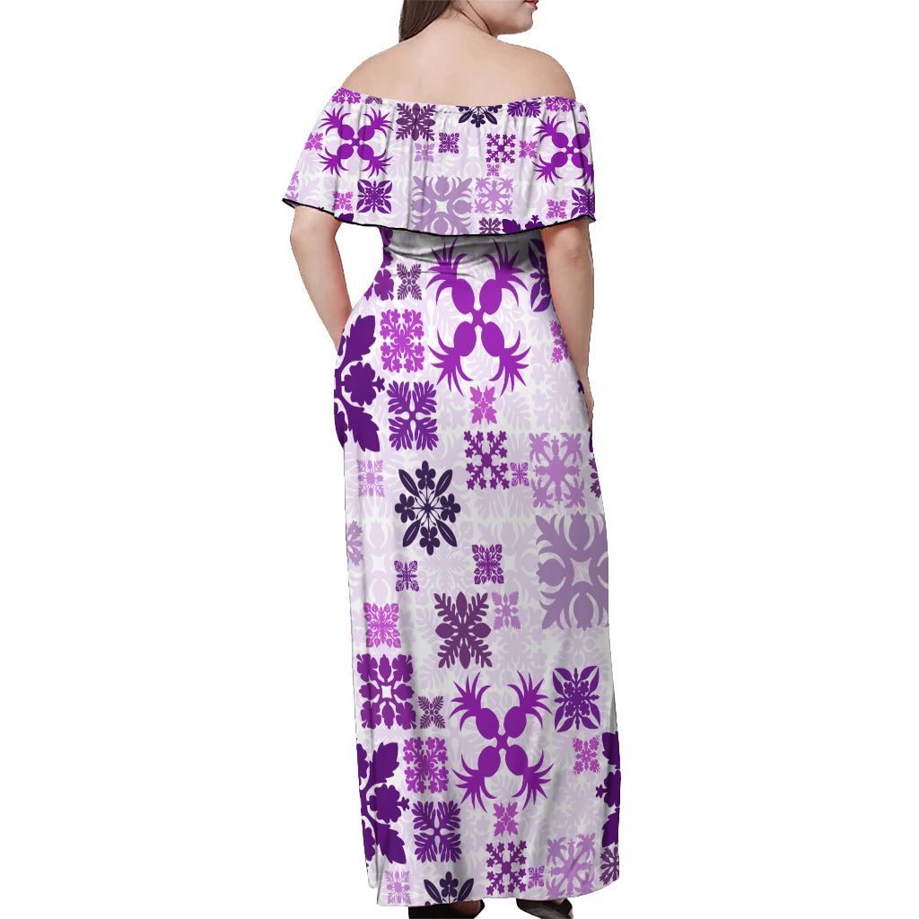 Vintage Hawaii Off Shoulder Maxi Dress Hawaiian Quilt Kapa Mismatch Purple - Wonder Print Shop