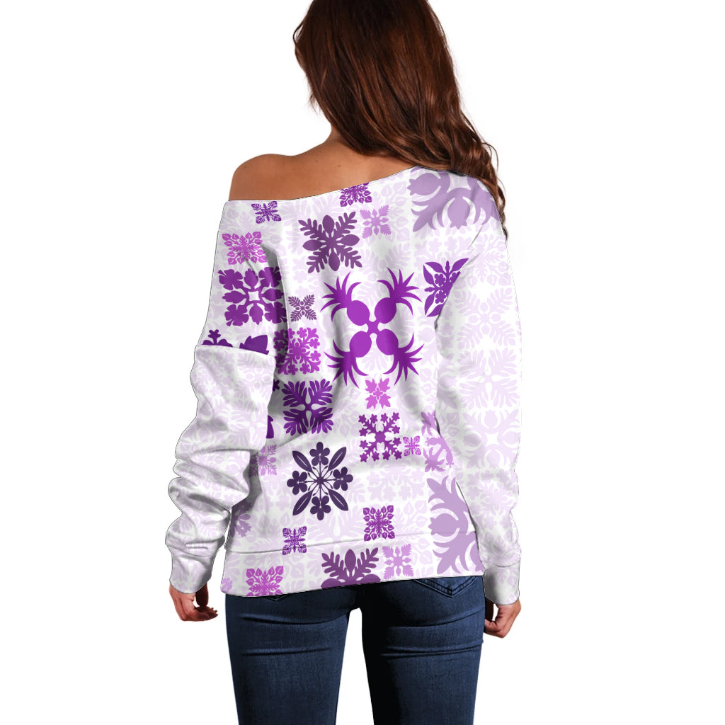 Vintage Hawaii Off Shoulder Sweater Hawaiian Quilt Kapa Mismatch Purple - Wonder Print Shop