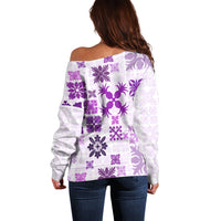 Vintage Hawaii Off Shoulder Sweater Hawaiian Quilt Kapa Mismatch Purple - Wonder Print Shop