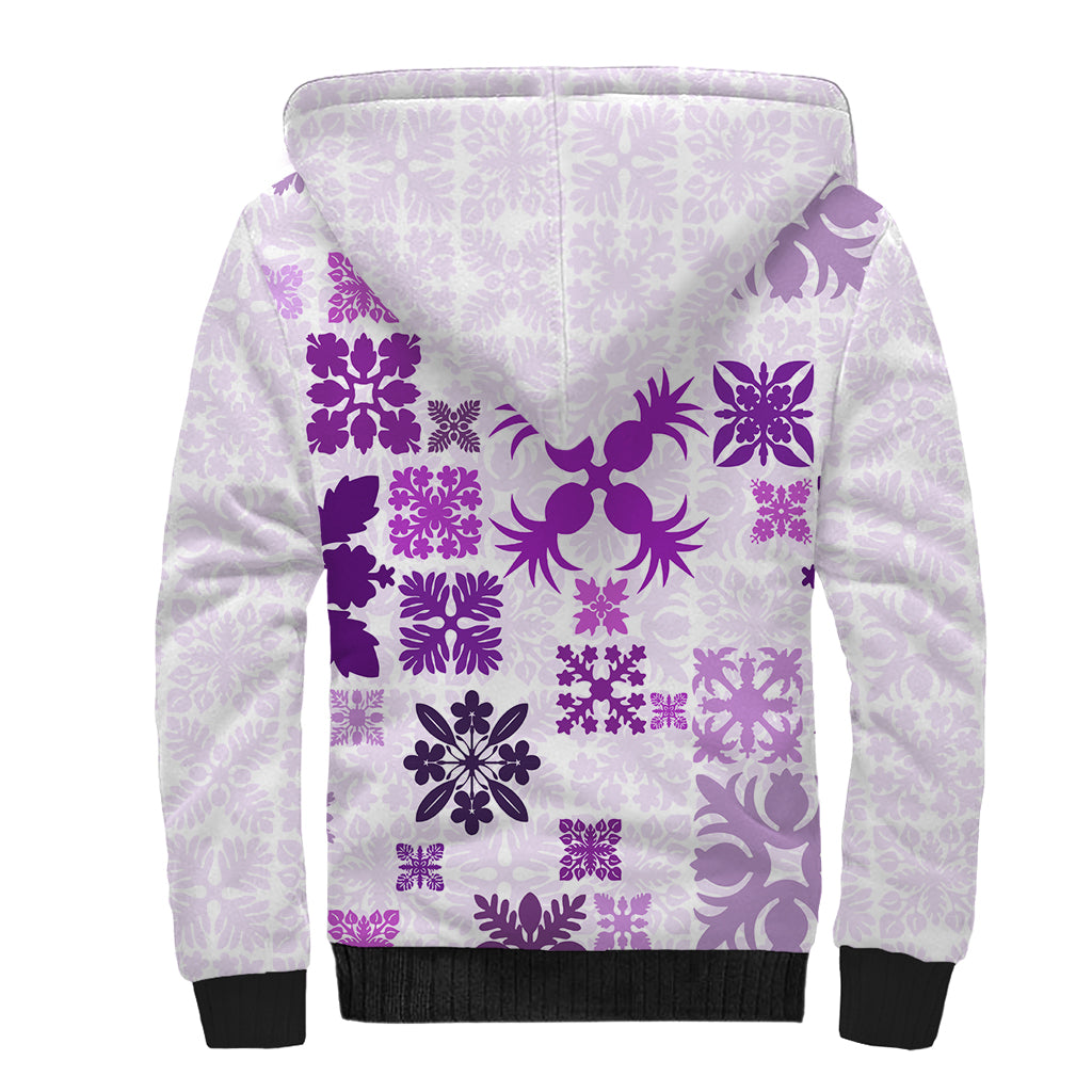 Vintage Hawaii Sherpa Hoodie Hawaiian Quilt Kapa Mismatch Purple - Wonder Print Shop