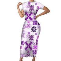 Vintage Hawaii Short Sleeve Bodycon Dress Hawaiian Quilt Kapa Mismatch Purple - Wonder Print Shop