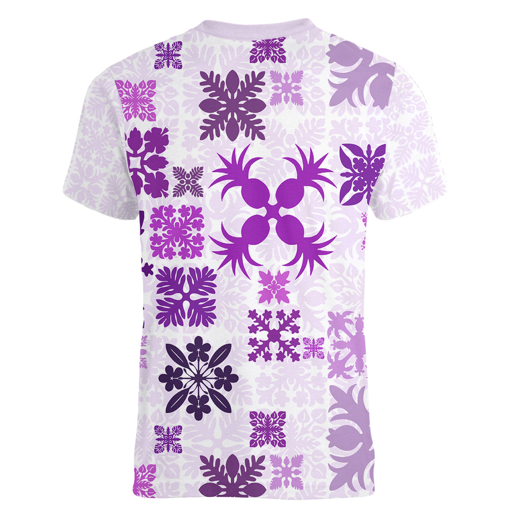 Vintage Hawaii Women V Neck T Shirt Hawaiian Quilt Kapa Mismatch Purple - Wonder Print Shop