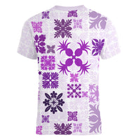 Vintage Hawaii Women V Neck T Shirt Hawaiian Quilt Kapa Mismatch Purple - Wonder Print Shop