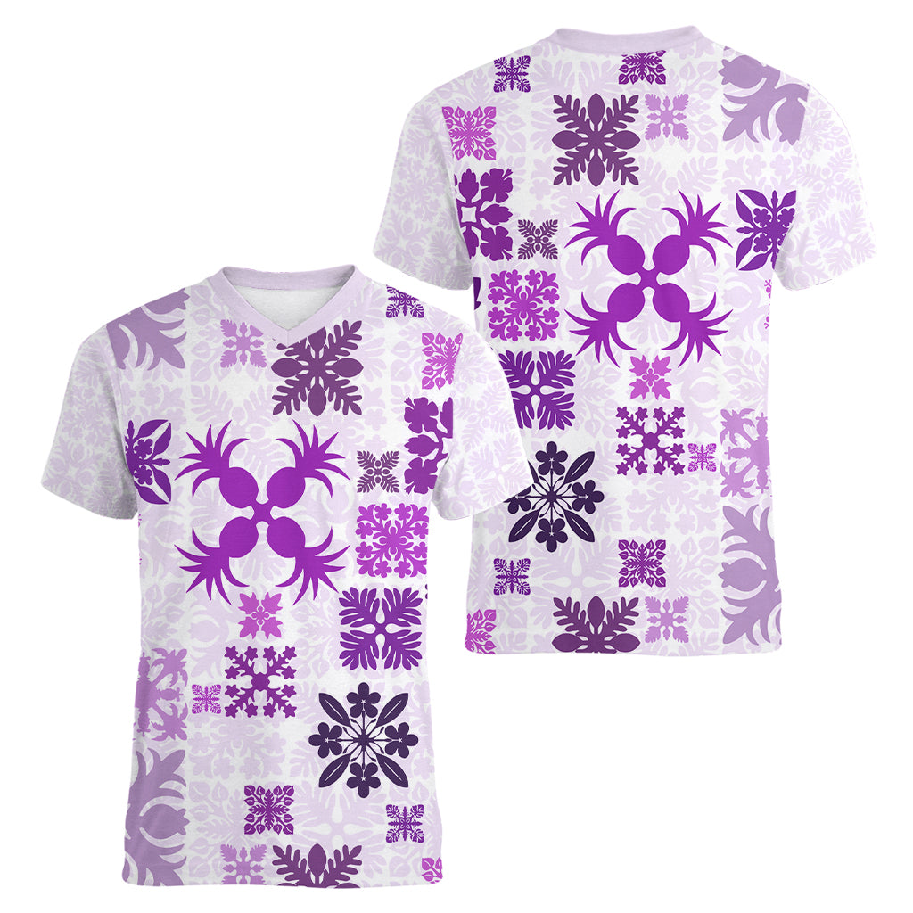 Vintage Hawaii Women V Neck T Shirt Hawaiian Quilt Kapa Mismatch Purple - Wonder Print Shop