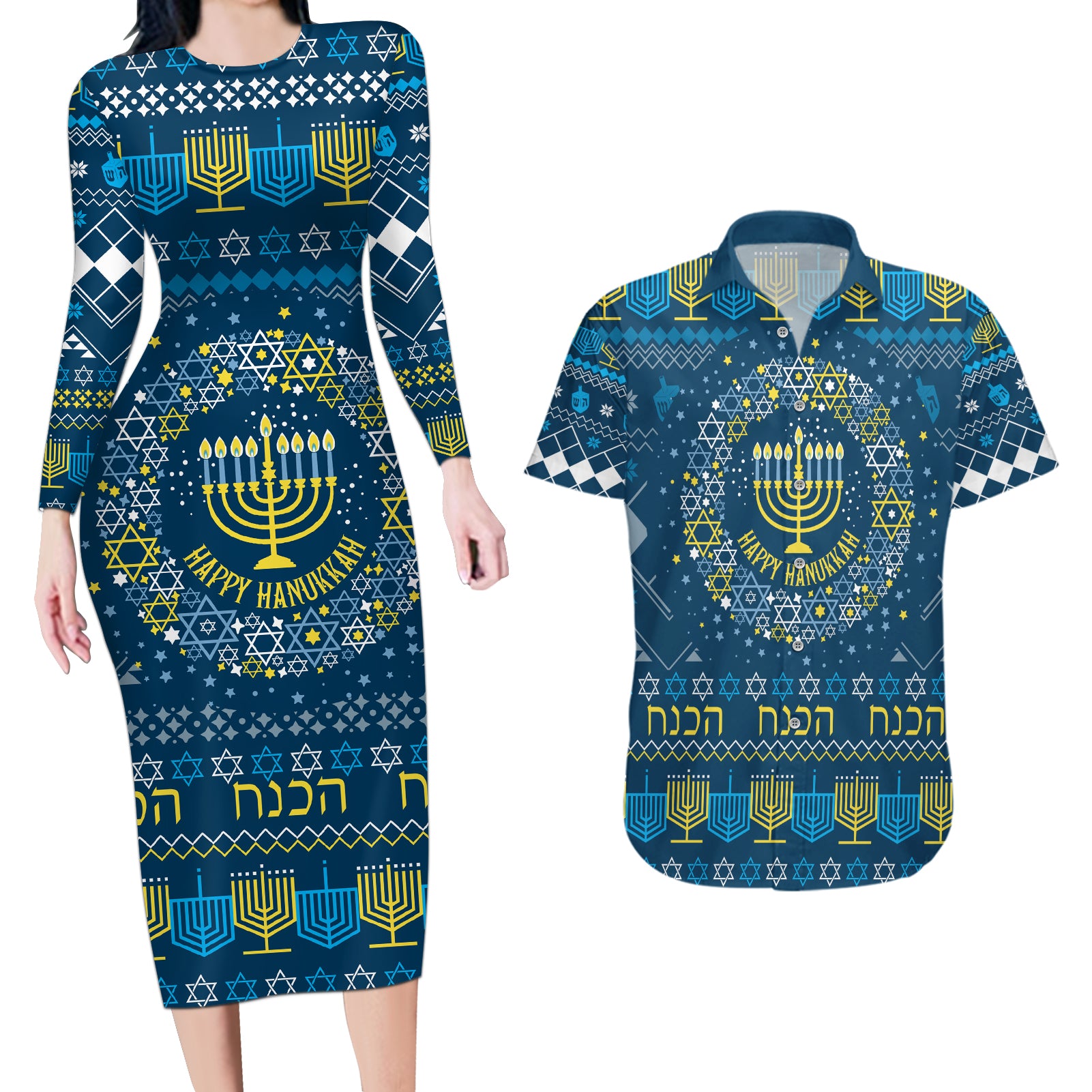 Happy Hanukkah Couples Matching Long Sleeve Bodycon Dress and Hawaiian Shirt Love and Lights Menorah LT7 - Wonder Print Shop