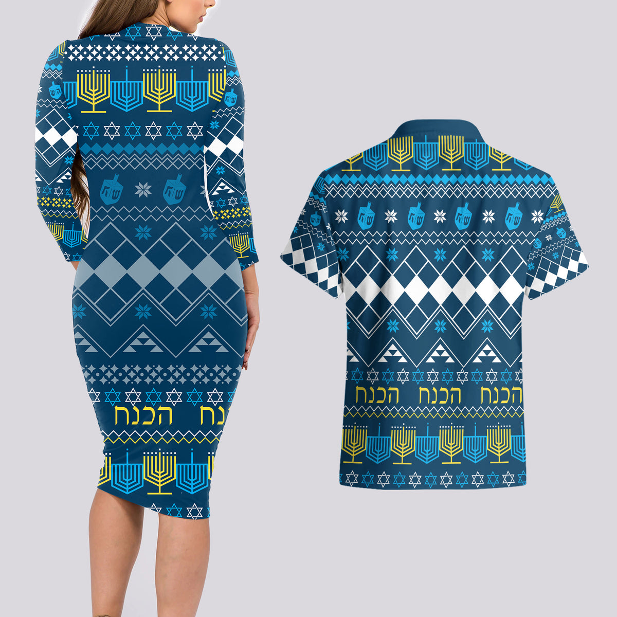 Happy Hanukkah Couples Matching Long Sleeve Bodycon Dress and Hawaiian Shirt Love and Lights Menorah LT7 - Wonder Print Shop