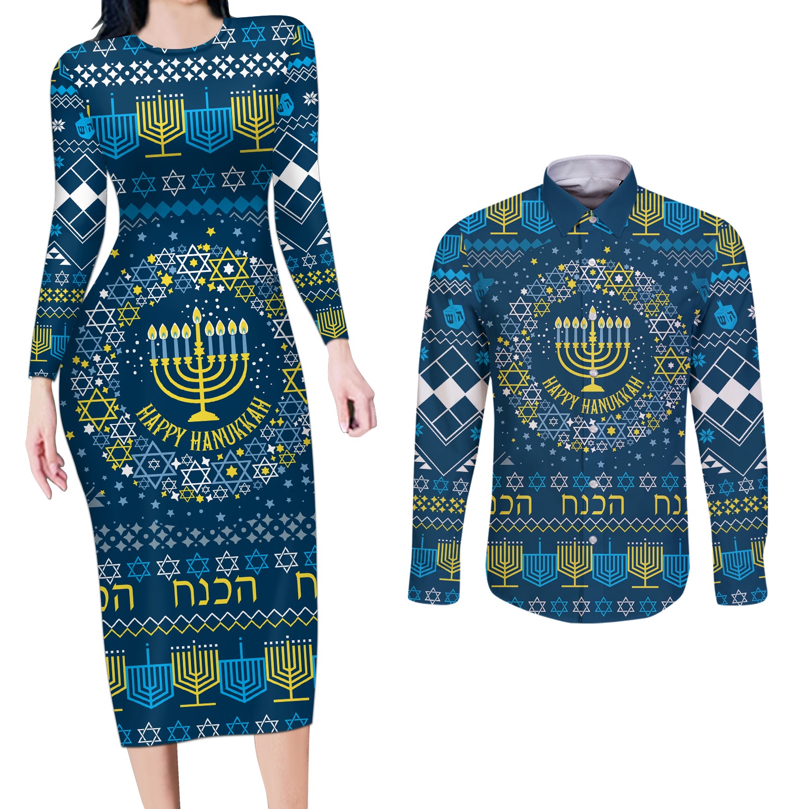 Happy Hanukkah Couples Matching Long Sleeve Bodycon Dress and Long Sleeve Button Shirt Love and Lights Menorah LT7 - Wonder Print Shop