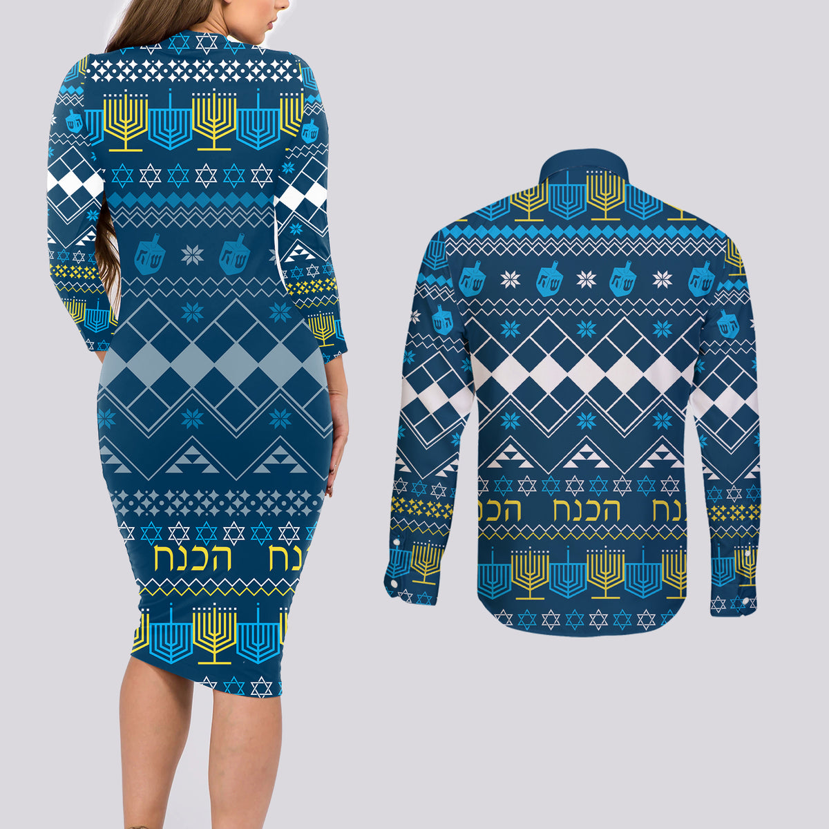 Happy Hanukkah Couples Matching Long Sleeve Bodycon Dress and Long Sleeve Button Shirt Love and Lights Menorah LT7 - Wonder Print Shop