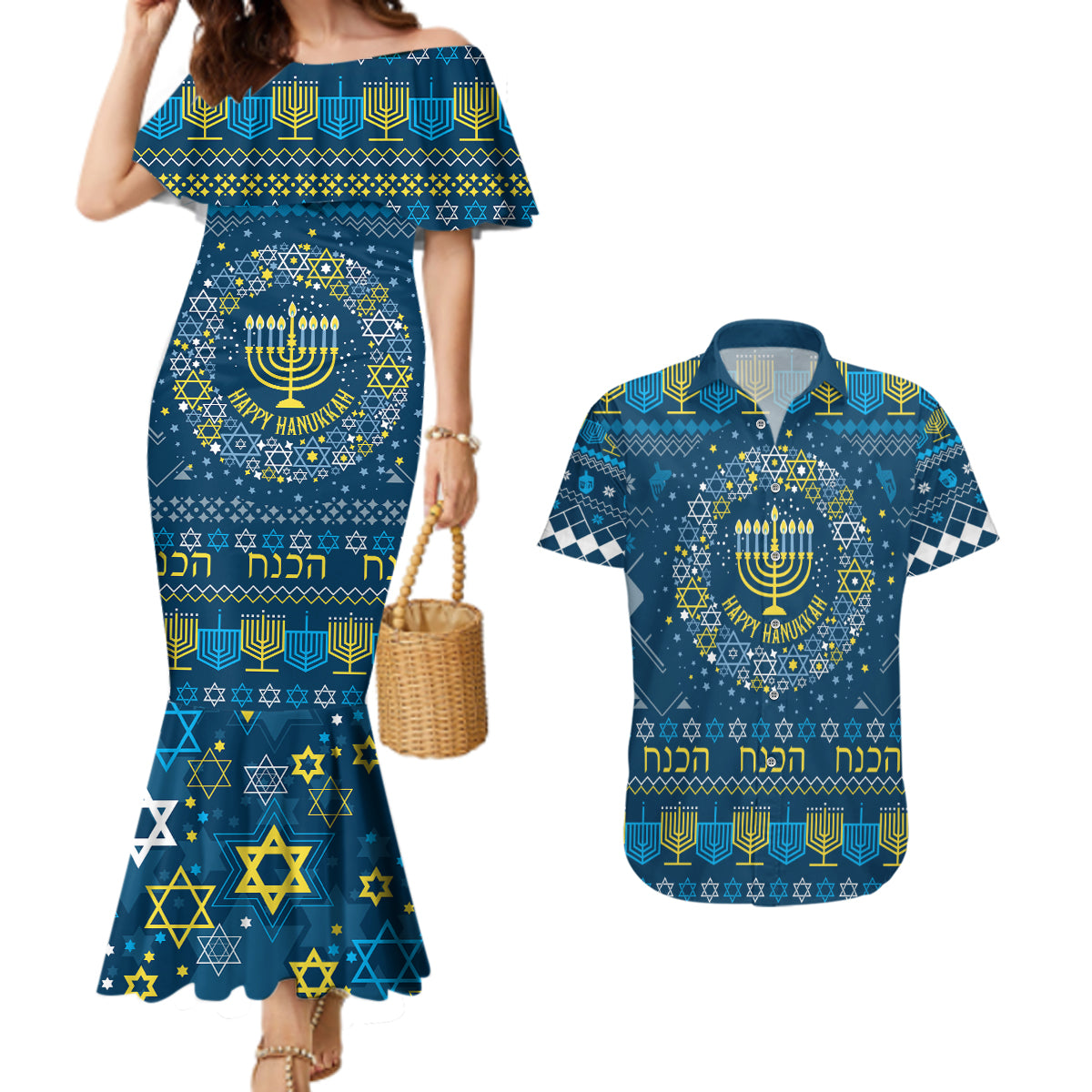 Happy Hanukkah Couples Matching Mermaid Dress and Hawaiian Shirt Love and Lights Menorah LT7 - Wonder Print Shop