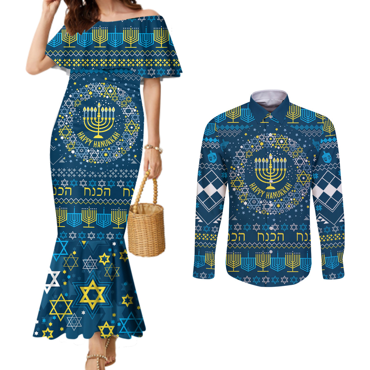happy-hanukkah-couples-matching-mermaid-dress-and-long-sleeve-button-shirt-love-and-lights-menorah
