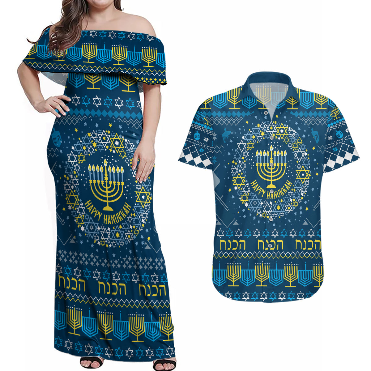 Happy Hanukkah Couples Matching Off Shoulder Maxi Dress and Hawaiian Shirt Love and Lights Menorah LT7 - Wonder Print Shop