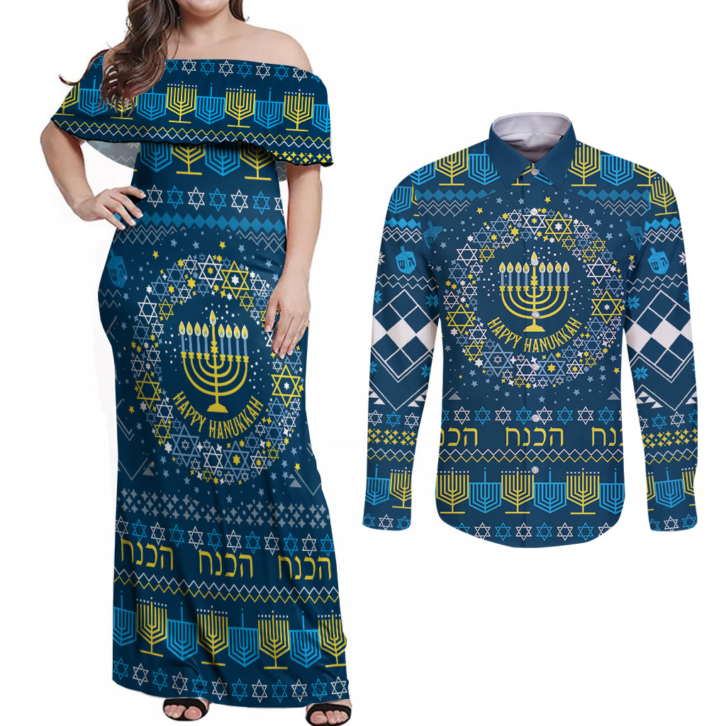 Happy Hanukkah Couples Matching Off Shoulder Maxi Dress and Long Sleeve Button Shirt Love and Lights Menorah LT7 - Wonder Print Shop