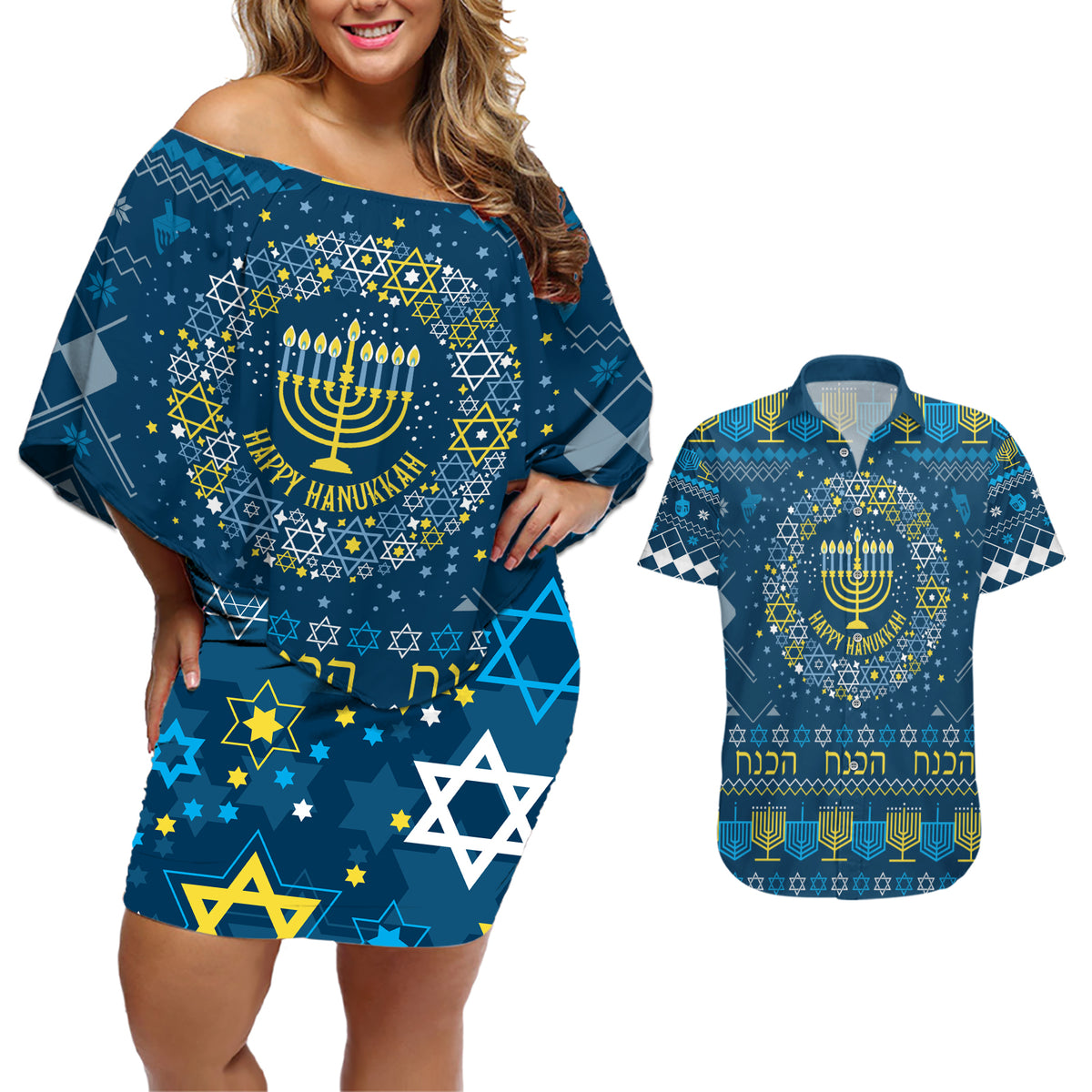 Happy Hanukkah Couples Matching Off Shoulder Short Dress and Hawaiian Shirt Love and Lights Menorah LT7 - Wonder Print Shop