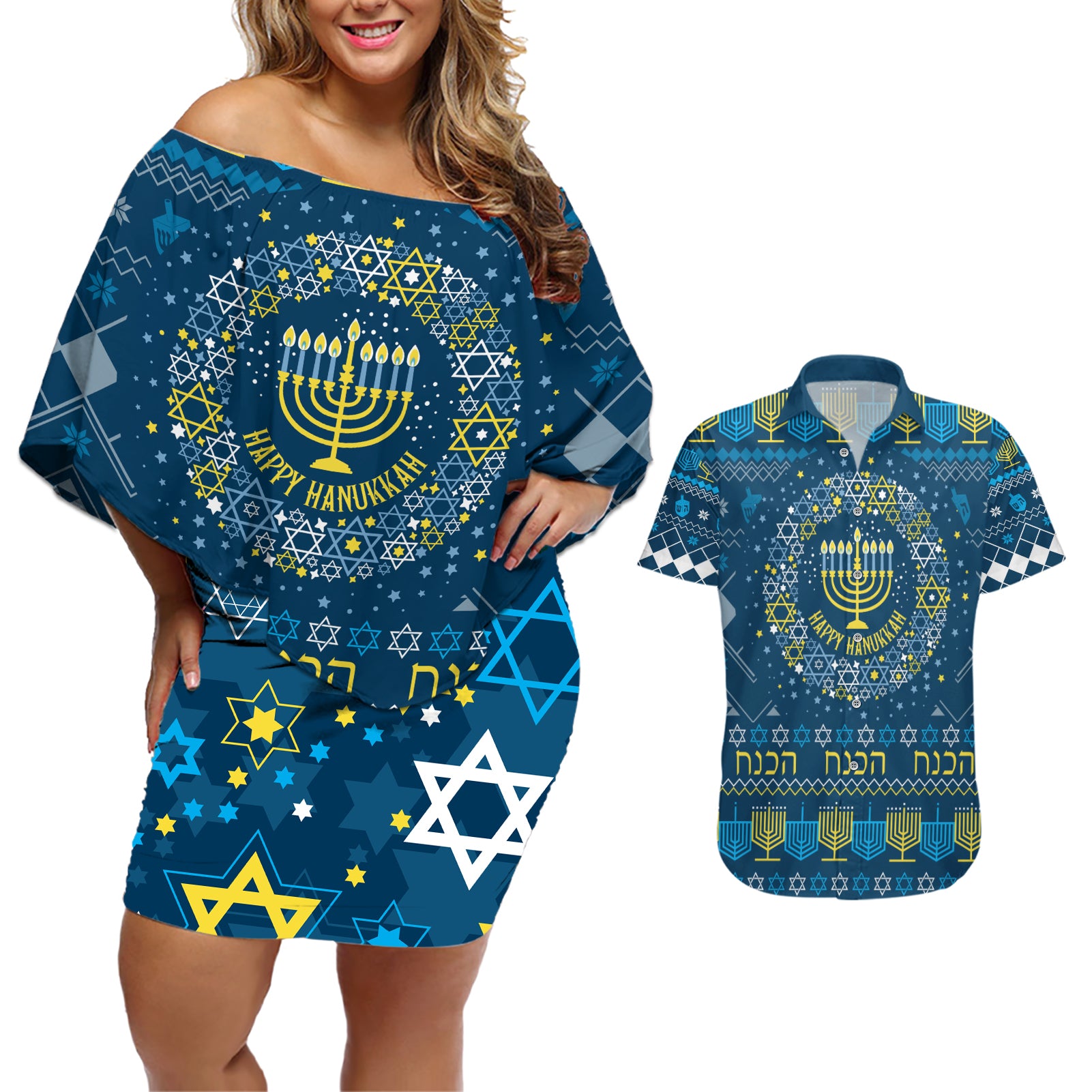 Happy Hanukkah Couples Matching Off Shoulder Short Dress and Hawaiian Shirt Love and Lights Menorah LT7 - Wonder Print Shop