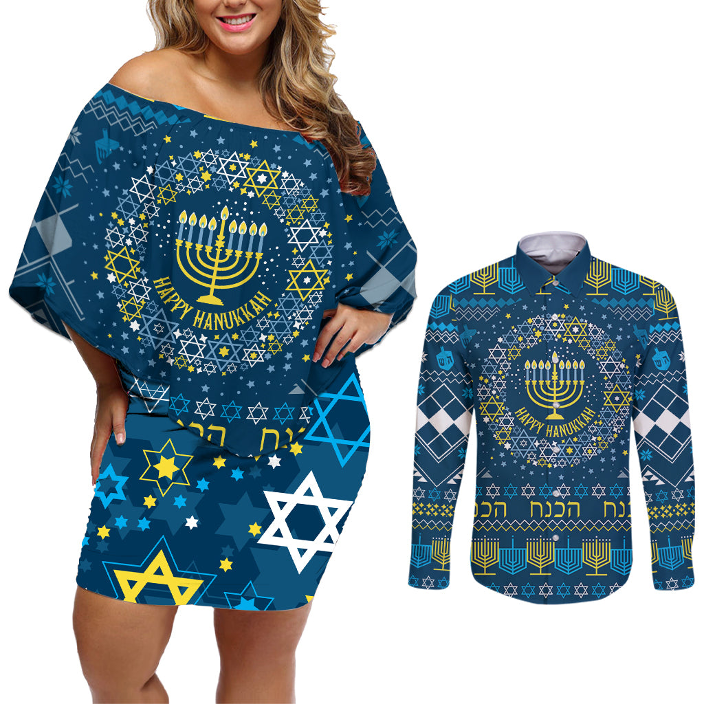 Happy Hanukkah Couples Matching Off Shoulder Short Dress and Long Sleeve Button Shirt Love and Lights Menorah LT7 - Wonder Print Shop