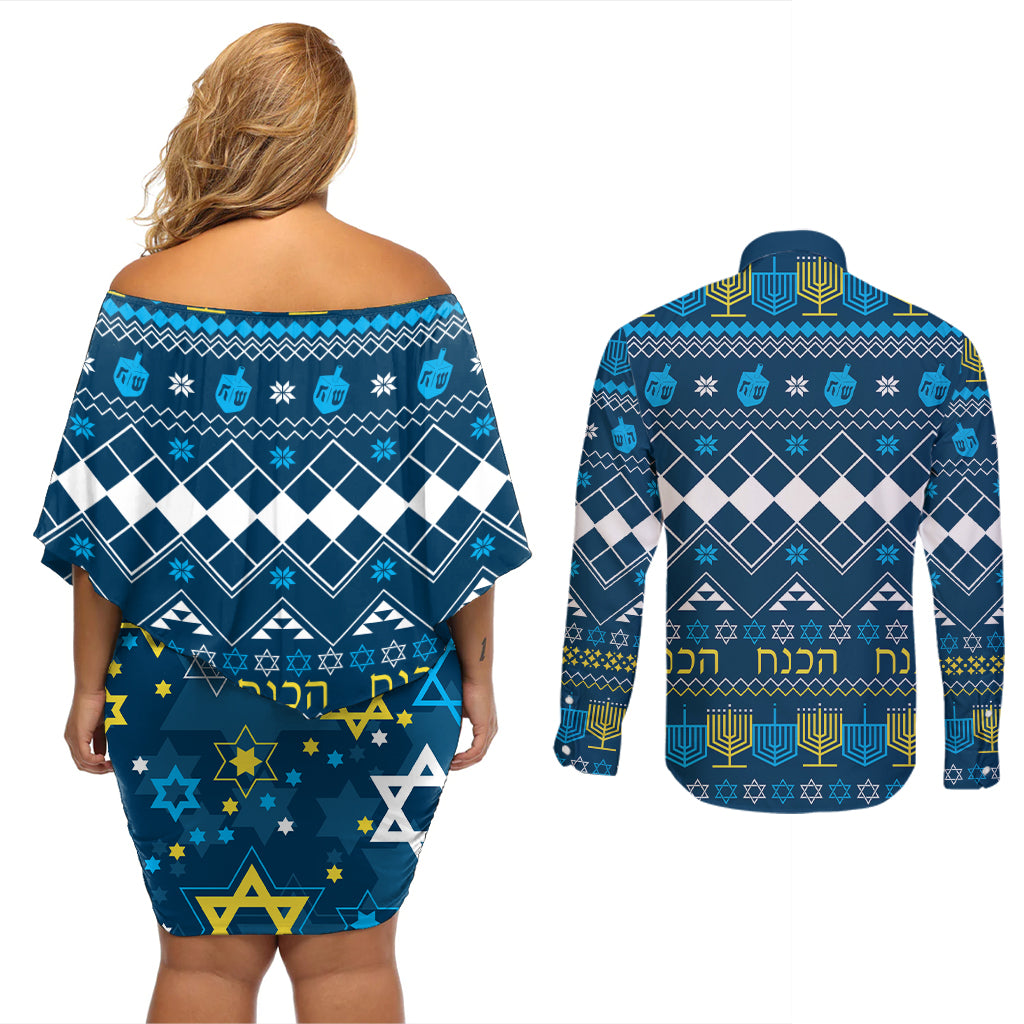 Happy Hanukkah Couples Matching Off Shoulder Short Dress and Long Sleeve Button Shirt Love and Lights Menorah LT7 - Wonder Print Shop