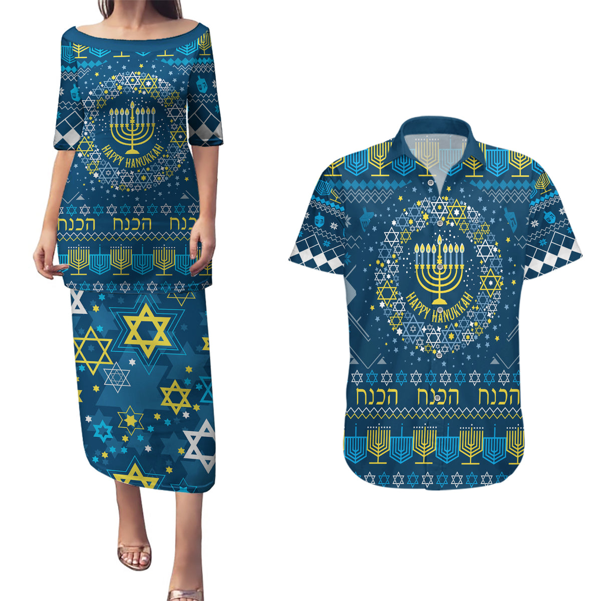 Happy Hanukkah Couples Matching Puletasi Dress and Hawaiian Shirt Love and Lights Menorah LT7 - Wonder Print Shop