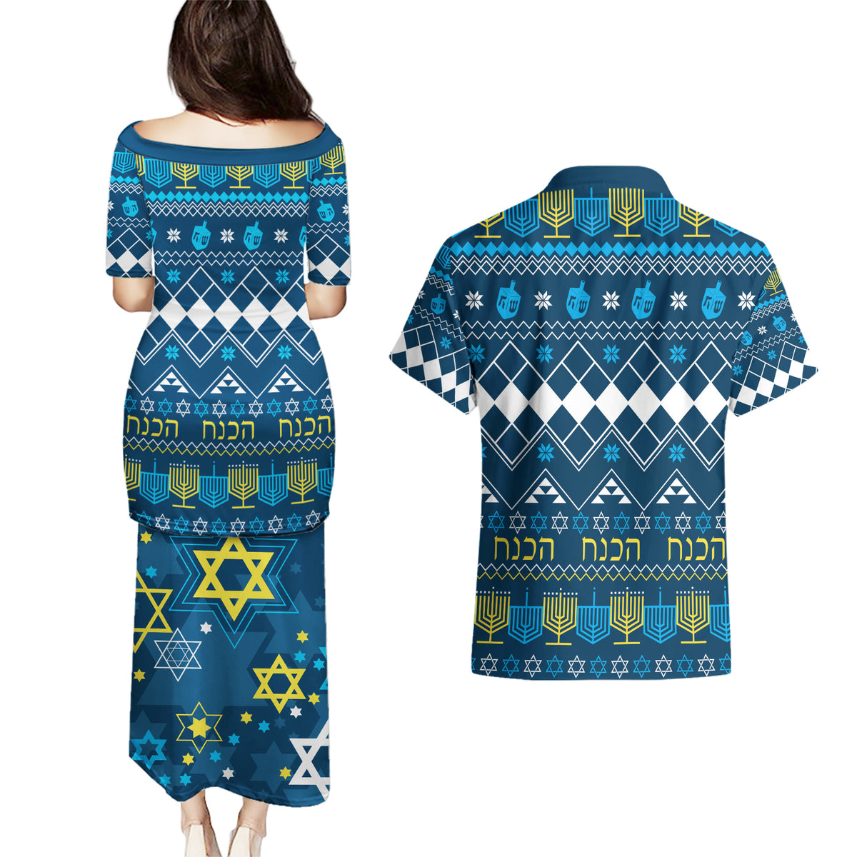 Happy Hanukkah Couples Matching Puletasi Dress and Hawaiian Shirt Love and Lights Menorah LT7 - Wonder Print Shop